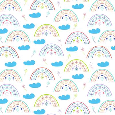 Rainbow seamless pattern with kites and clouds