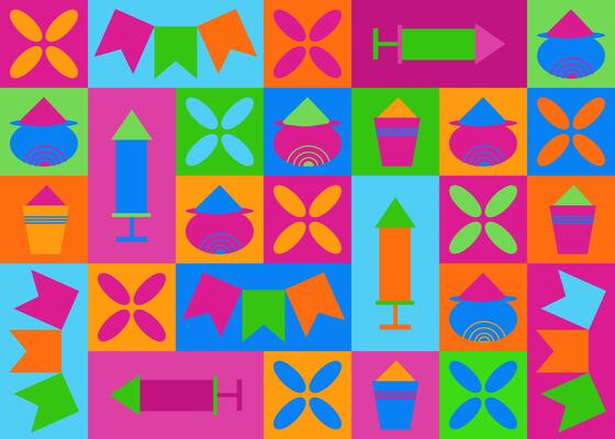 Colorful modular design with Holi festival elements, including pichkaris, water pots, floral motifs, and festive flags in vibrant pink, orange, blue, and green tones, symbolizing joy and celebration