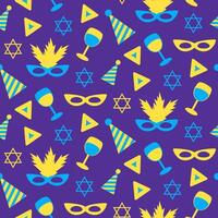 hats, Star of David symbols, and hamantaschen triangles in yellow and blue on purple background vector