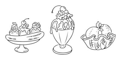 Hand drawn contour illustration of ice cream desserts, including a banana split, sundae with cherry topping, and waffle bowl with scoops vector