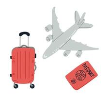 Minimalistic travel illustration with a suitcase, airplane, and passport in soft gray and red tones, symbolizing adventure, exploration, and travel essentials for a journey vector