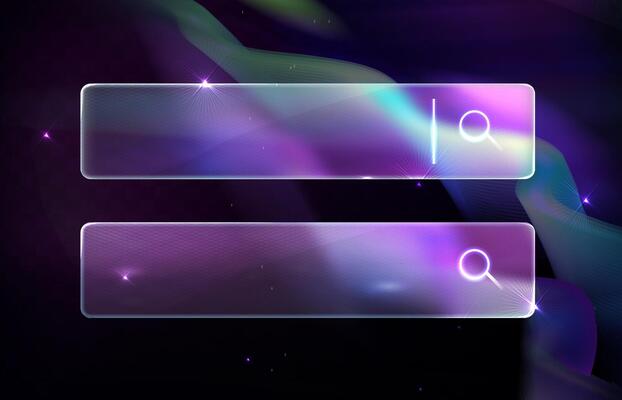 Neon Glass Search Bars. Glassmorphism screen smartphone. Transparent matt glass plates on the northern lights background in the night starry sky. Aurora Borealis