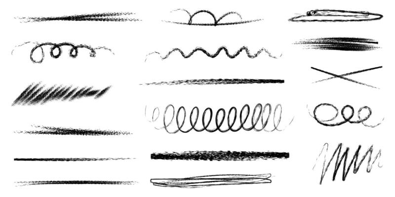 Hand drawn crayon brush set. Underline elements in doodle style. Collection of lines, wavy chalk scribble, colors highlight pencil. Grunge kids brushstroke for sketch. Isolated illustration.
