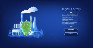 Conceptual digital factory with protective shield symbolizing innovation and security in manufacturing processes. vector