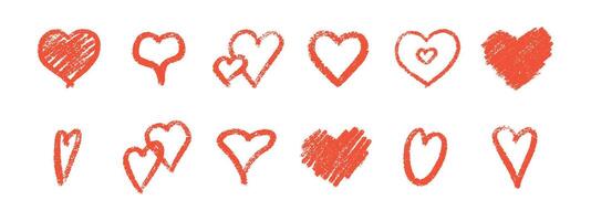 Heart collection of red crayon sketches - rough textured shapes with outlined, filled, nested patterns. vector
