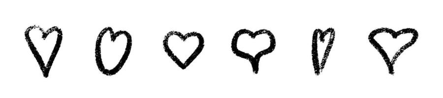 Crayon heart set of black sketched shapes with rough textured edges vector