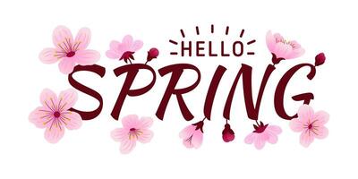 Hello Spring logotype, badge typography icon. Lettering spring season with sakura flowers for greeting card, invitation, banner, poster, template background vector