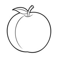 Black and white outline drawing of a peach with a stem and leaves vector