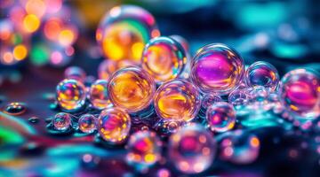 Many colorful bubbles are floating on a surface photo