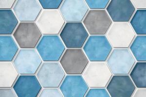 Hexagonal tile pattern in various shades of blue and gray creating a modern wall design for a stylish interior space photo