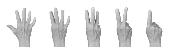 Elderly hand showing counting gestures, numbers 1 to 5, fingers up, wrinkled skin, gray tones, photo