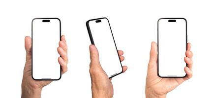 Mobile phone mockup in old female hands, set. Smartphone screen mock up. Blank empty display photo