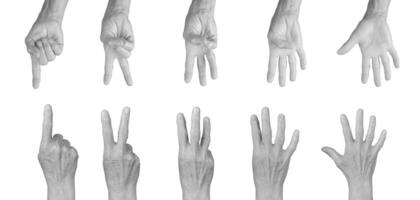 Elderly hand counting numbers 1 to 5, fingers extended in palmar and dorsal views, wrinkled skin in photo