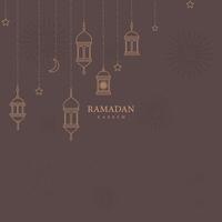 Ramadan Kareem Background with Hanging Lanterns, Crescent Moon, Stars, and Islamic Decorative Elements on Dark Elegant Theme vector