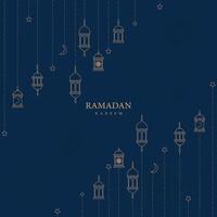 Ramadan Kareem Background with Hanging Lanterns, Crescent Moon, Stars, and Elegant Islamic Pattern on Dark Blue Theme vector