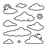 Collection of cloud drawings with line art on a white background vector