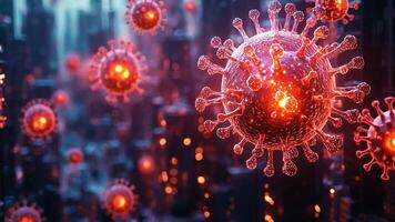 Colorful viruses hover over a detailed urban environment as twilight descends, creating a surreal juxtaposition of nature and technology. video