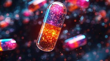 Brightly colored capsules are suspended in a dark background, surrounded by shimmering particles that create a captivating contrast and dynamic movement. video