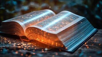 An open book radiates a warm glow in an outdoor setting as soft shimmering lights surround it during twilight. video