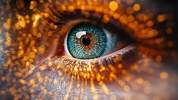 A detailed close-up view reveals a striking human eye, highlighting vibrant shades and twinkling particles around it, creating an eye-catching visual effect. video