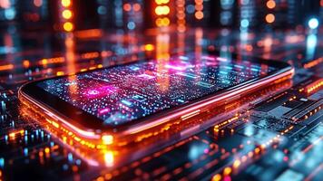 A smartphone rests on a circuit board design, glowing with colorful lights, showcasing advanced technology and modern aesthetics in a night setting. video