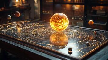 A glowing representation of the sun at the center surrounded by orbiting planets on an intricately designed table, illuminated by warm ambient light. video