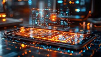 A smartphone displays glowing circuit patterns and digital data graphics, showcasing advanced technology in a futuristic environment. video