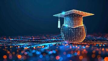 A digital graduation cap sits prominently, illuminated against an abstract background filled with colorful lights creating a celebratory atmosphere. video