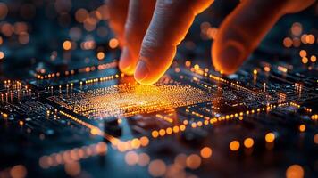 A hand reaches out to touch a brightly lit microchip on a dark, intricate circuit board with glowing connections. video