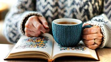 In a snug environment, a person holds a textured mug filled with tea beside an open book, enjoying a peaceful moment during the afternoon. video
