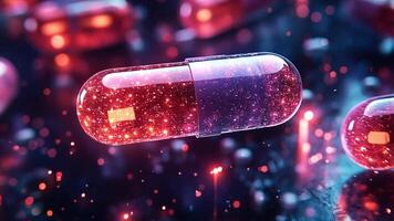 A vibrant red capsule floats amid shimmering particles, creating a mystical atmosphere in a dark setting. video