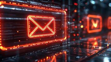 Neon email icons glow brightly against a dark, high-tech digital background, showcasing modern technology and design. video