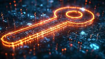 A glowing orange key symbol appears on a dark circuit board, representing digital security and advanced technology in a dynamic environment. video