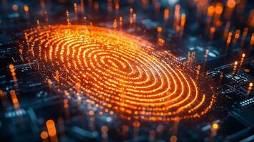 A detailed close-up shows a glowing digital fingerprint superimposed on an intricate circuit board design, showcasing advanced technology. video