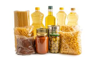Foodstuffs in donation box isolated on white background with clipping path for volunteer to help photo