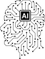 A black and white image of a brain with a computer chip in the middle vector