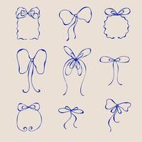 Hand drawn trendy set of bows made of thin elegant blue ribbons on a beige background. vector