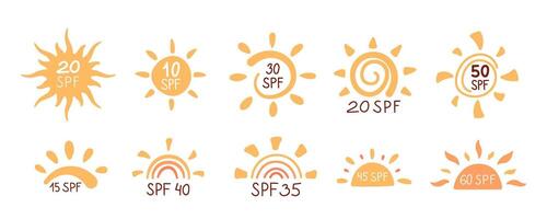 Sun symbols with uv protection factor and spf set, cartoon sun block logos collection, isolated hand drawn uv block icon for sunscreen container, cream bottles and flat sunscreen cosmetic tube. vector