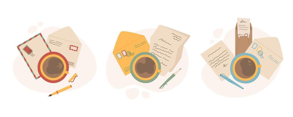 Trendy top view envelope and coffee illustration, cartoon greeting mail composition with letter and pen, creative handwritten postcard design template, flat style craft post card background collection