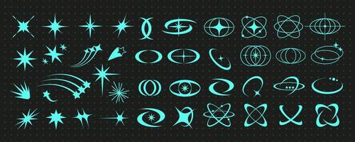 Cyber geometry y2k aesthetic star and planet set, retro abstract rave atom shape graphic, blue neon 90s sparkle element , vintage acid figure set, geometric trendy groovy symbol collection vector