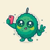 smiling durian fruit character mascot taking a selfie with a smartphone isolated cartoon vector