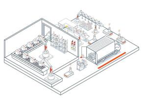 Robotic material flow in the automated warehouse is achieved through a fleet of AGVs and AMRs working together. vector