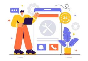 Customer Support and IT Service Illustration Featuring Call Center and Online Assistance vector