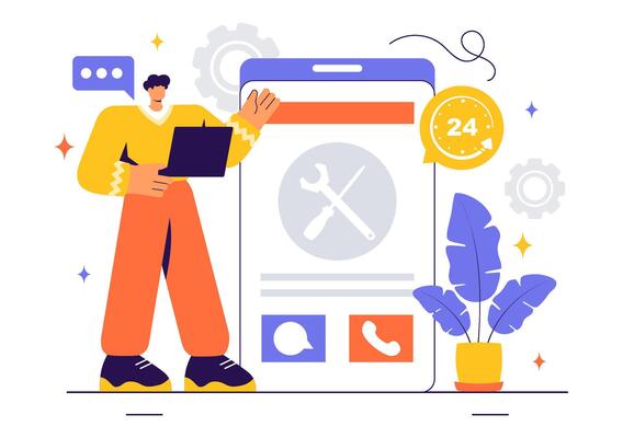 Customer Support and IT Service Illustration Featuring Call Center and Online Assistance