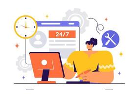 Flat Style Illustration of a Technology Help Desk and IT Support Team Fixing Issues vector