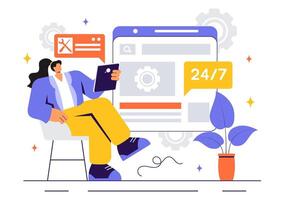 Illustration of a Tech Support Team Providing Software Assistance and Customer Help in a Flat Style vector