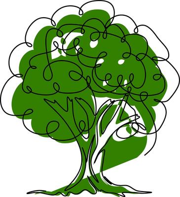 an Illustration of a tree with a black outline and green splash.