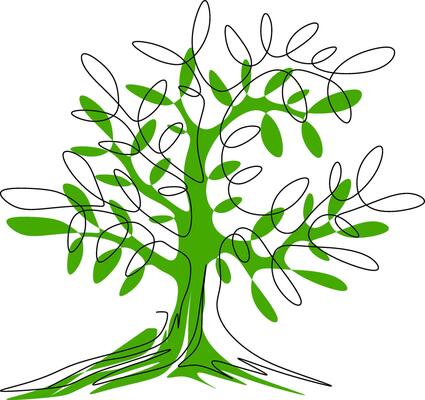 Black outline and green splash of the tree