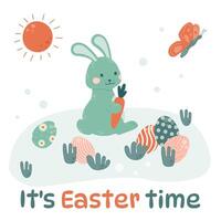 Easter bunny is sitting in a clearing with colored eggs spread out and gnawing on carrots. vector