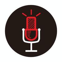 red and white simple line art microphone isolated on black circle - simple line art microphone for music, radio, broadcast or podcast - line art microphone logo or icon vector